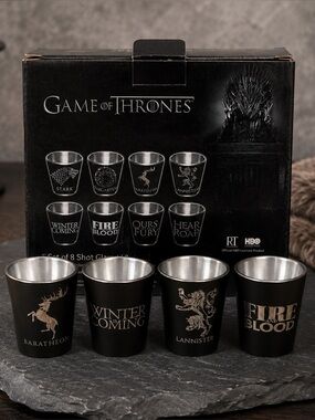Game of Thrones 2015 HBO Stainless Steel Shot Glass 8 Set House Sigils Mottos